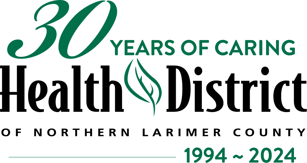Logo for the Health District of Northern Larimer County, 30 Years of Caring, 1994-2024