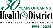 Logo for the Health District of Northern Larimer County with the words 30 Years of Caring, 1994-2024