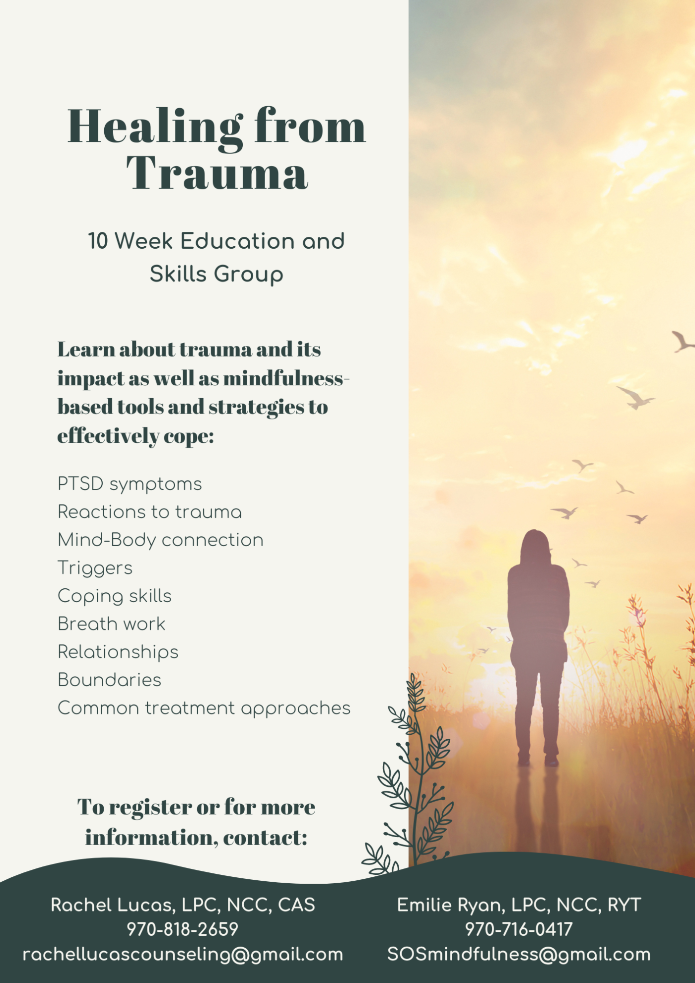 Group flyer for the Healing from Trauma Education and Skills Group with brief description and image with person's silhouette against a sunrise, with bird flying in the background