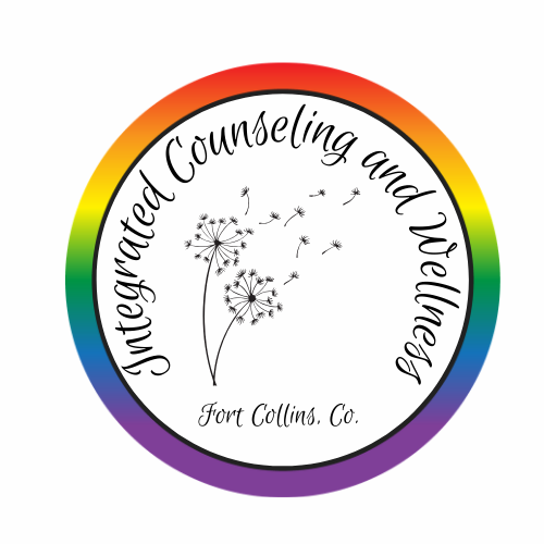 Circle logo with a rainbow-colored border, with two dandelions blown in the wind and Integrated Counseling and Wellness name