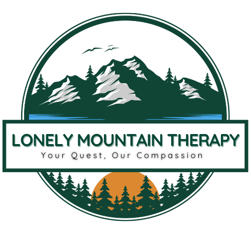 Logo for Lonely Mountain Therapy: text and a mountain with a background of blue dragon scales