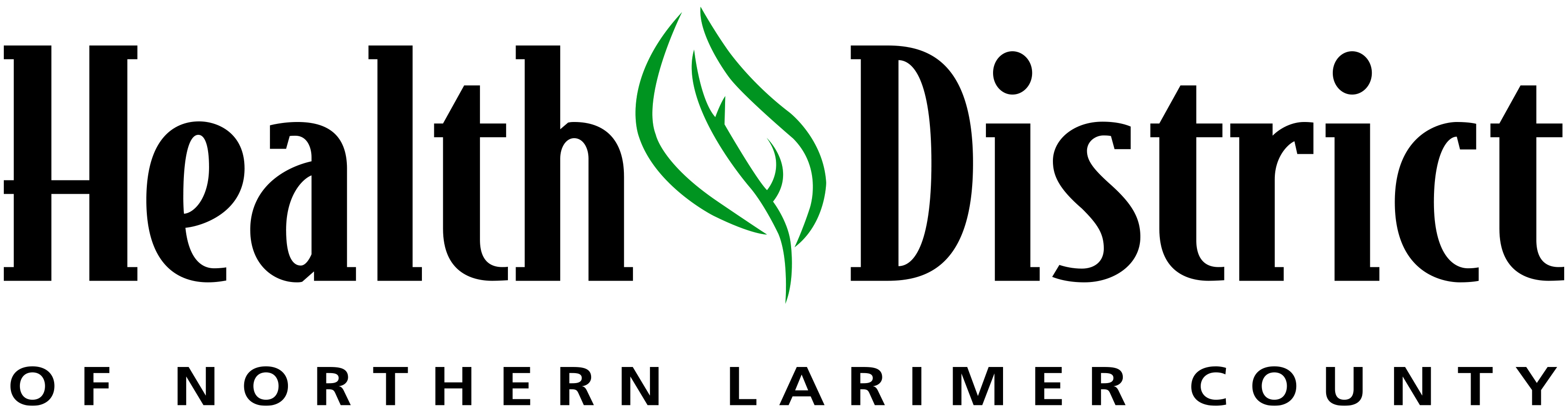 Logo for the Health District of Northern Larimer County, with black text and green leaf, 