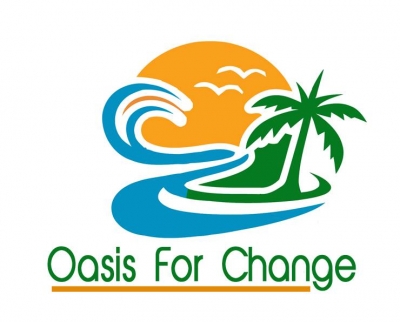 Oasis For Change logo with a wave and a palm tree in front of a setting sun.