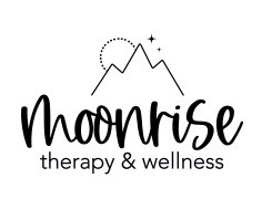Moonrise Therapy and Wellness logo, with mountain range, moon, and stars in the background