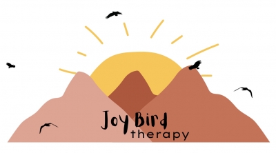 Joy Bird Therapy logo, a drawing with the sun rising behind the mountains and birds flying