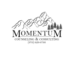 Logo for Momentum Counseling and Consulting, with a drawing of mountains and pine trees.