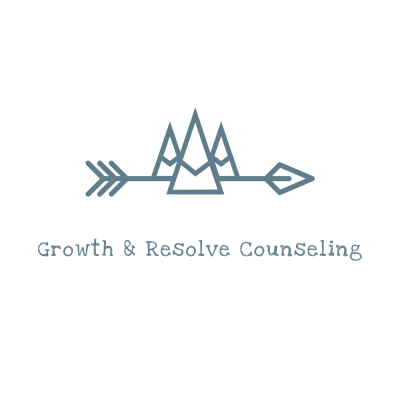 Logo for Growth and Resolve Counseling, with drawing of three mountain peaks and a horizontal arrow
