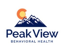 Logo for Peak View Behavioral Health, with drawing of blue snow-capped mountains and a yellow sun with an orange border forming the letter C for Colorado