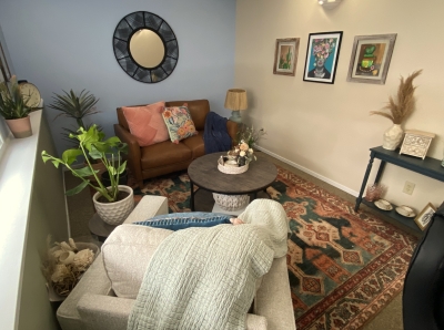 Office with sofa and chair, small coffee table