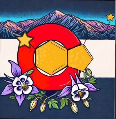 Logo for Rocky Mountain Psychiatry, PLLC, with a modified drawing of the Colorado flag, with mountains at the top, a red "C" on a white stripe across the middle, and a blue stripe with columbine flowers across the bottom.