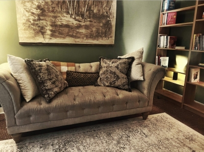 Therapy office with couch, bookcase, and an area rug