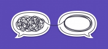 A conversation bubble with unraveled yarn connected with a conversation bubble where the yarn is raveled neatly.