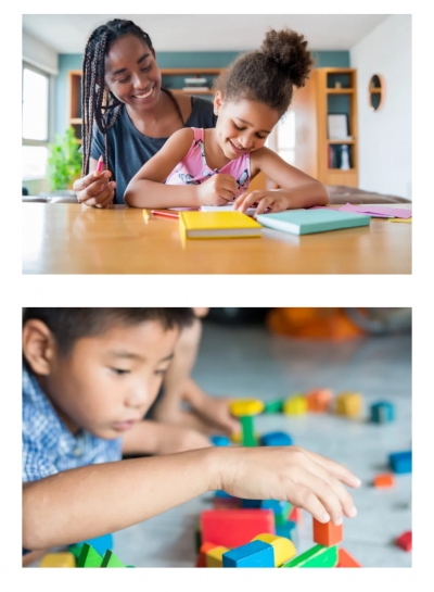 Pictures of young kids, one child with books and one child playing with colorful blocks