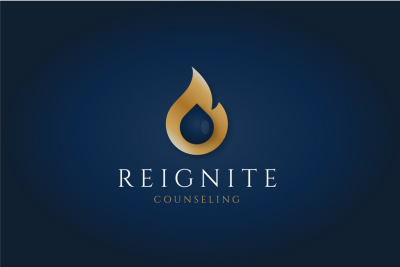 Reignite Counseling logo, with the word "REIGNITE" in white against a dark blue background and a drawing of a yellowish-orange flame