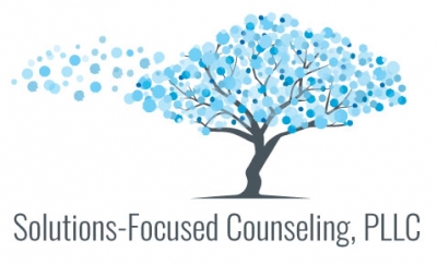 Solutions-Focused Counseling logo, a drawing of a tree with round leaves of different colors of blue